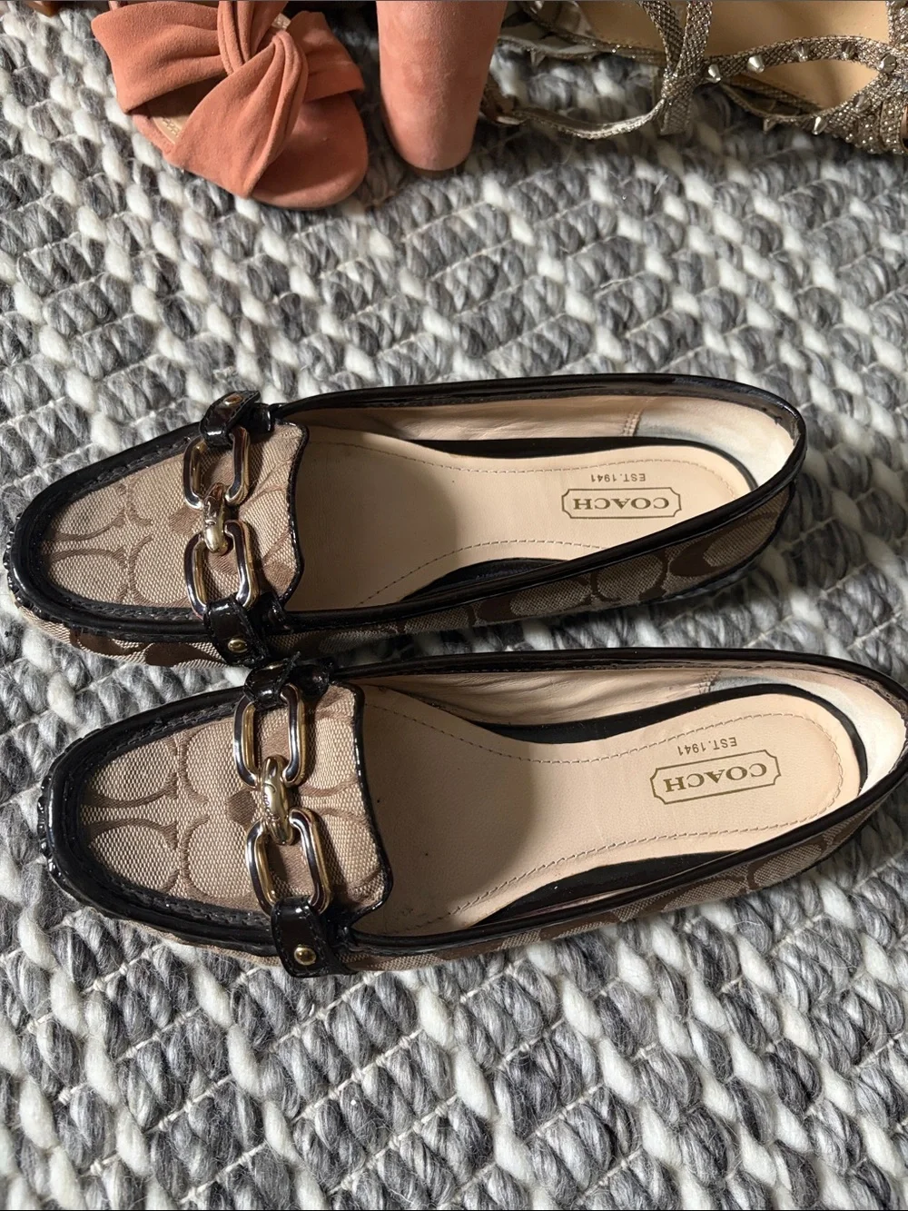 Coach Brown Signature Canvas Loafers with Chocolate Patent Leather Trim